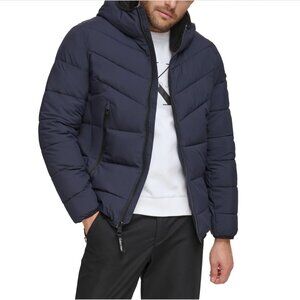 Calvin Klein Men's Chevron Stretch Jacket  Sherpa Hood L Navy Blue RRP $225 NWT